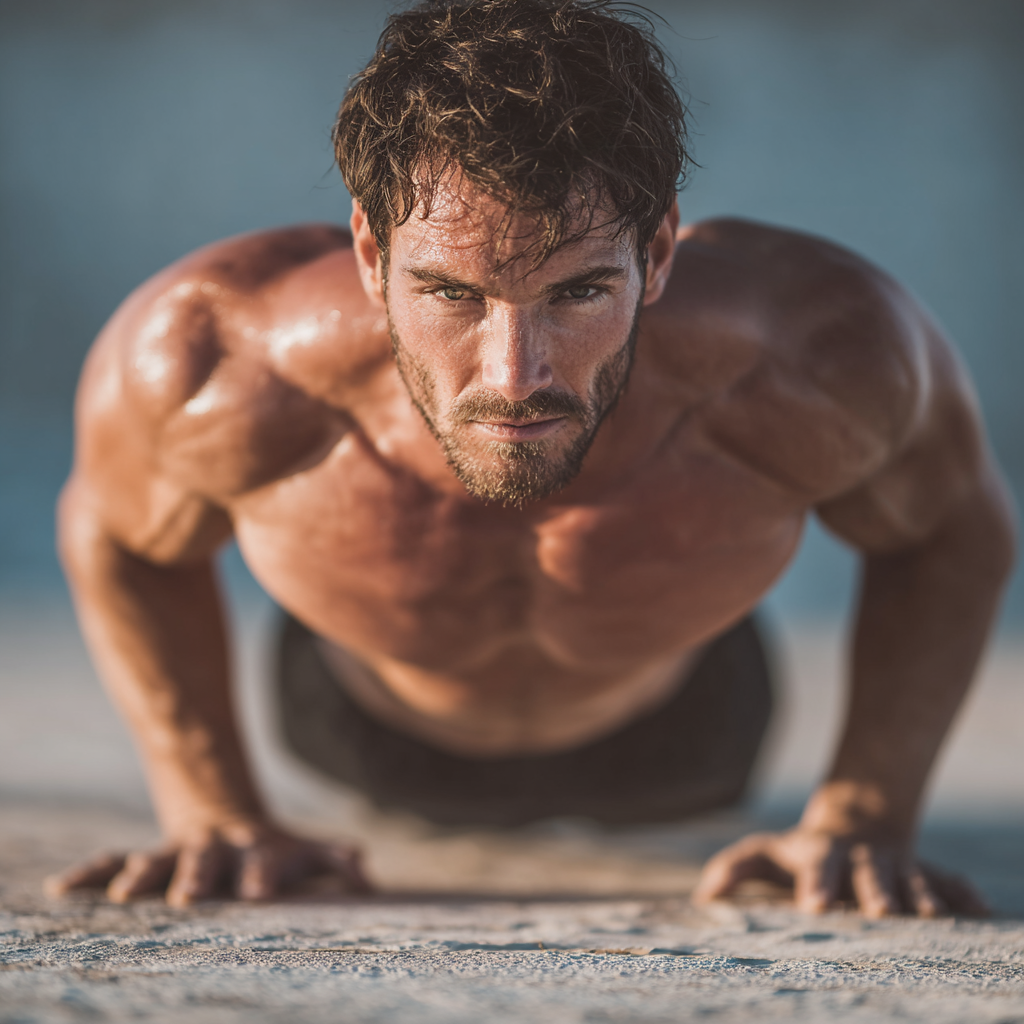 Athletic man doing push-ups outdoors showing strength and determination during workout