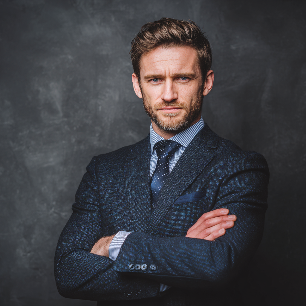 Confident man in business suit standing with crossed arms showing leadership and determination